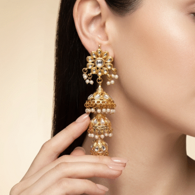 Traditional Multi-Tiered Kundan & Pearl Jhumka Earrings