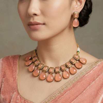 Kundan Peach Stone Necklace Set