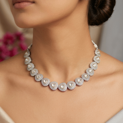 Victorian Polki Pave Necklace Set Antique Silver Teardrop Design with Earrings