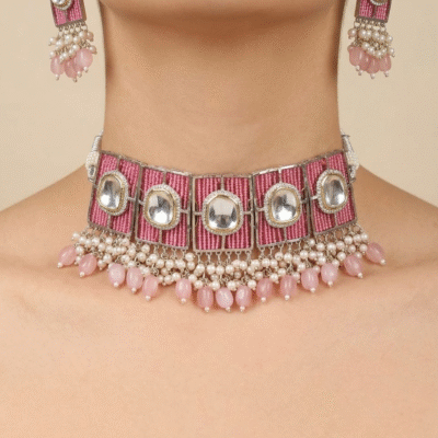 Polki Pink Beaded Choker Necklace Set
