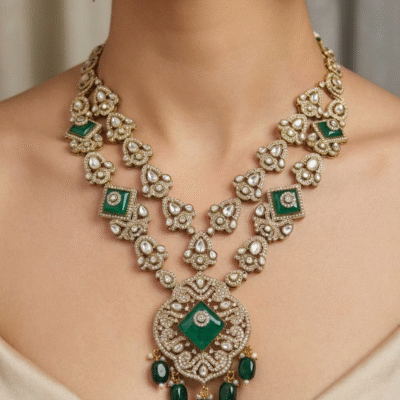 Victorian Emerald Long Haar Set Antique Gold Green Bead Bridal Jewelry with Earrings