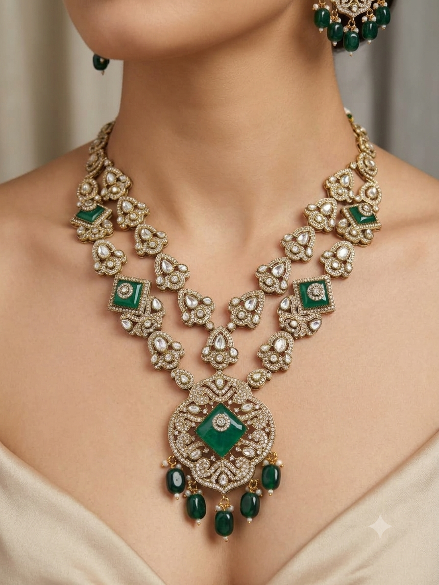 Victorian Emerald Long Haar Set Antique Gold Green Bead Bridal Jewelry with Earrings