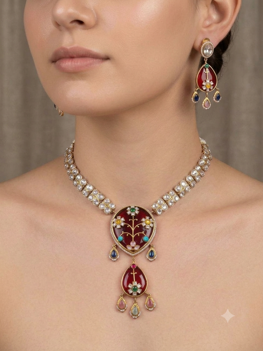 Kundan Maroon Floral Pendant Necklace Set