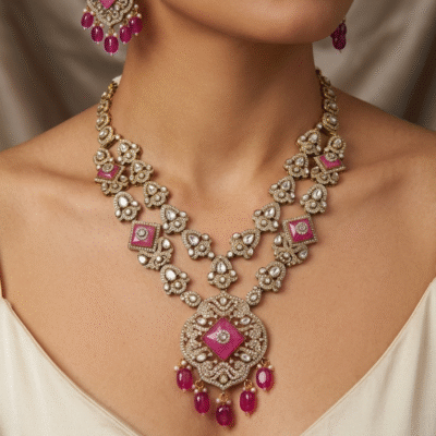 Victorian Hot Pink Long Haar Set Antique Gold Pink Bead Bridal Jewelry with Earrings