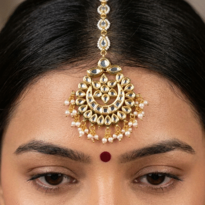 Gold Plated Kundan With White Pearl Maangtika