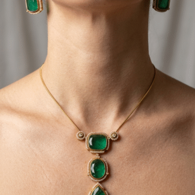 Gold Finish Green Kundan Polki Chain Pendant Necklace Set