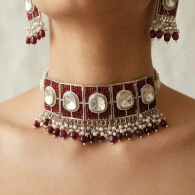Polki Maroon Beaded Choker Necklace Set
