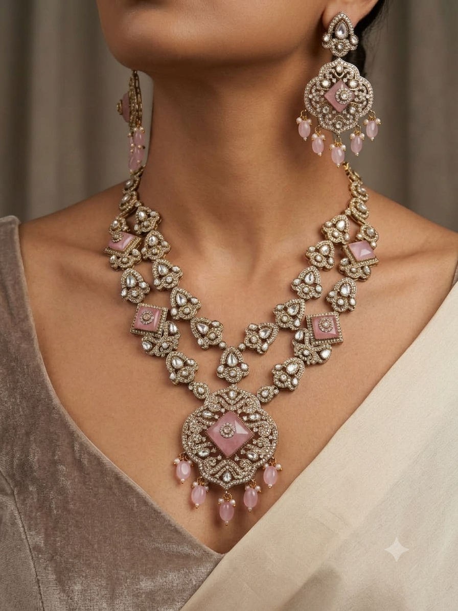 Victorian Pink Long Haar Set Antique Gold Pink Bead Bridal Jewelry with Earring