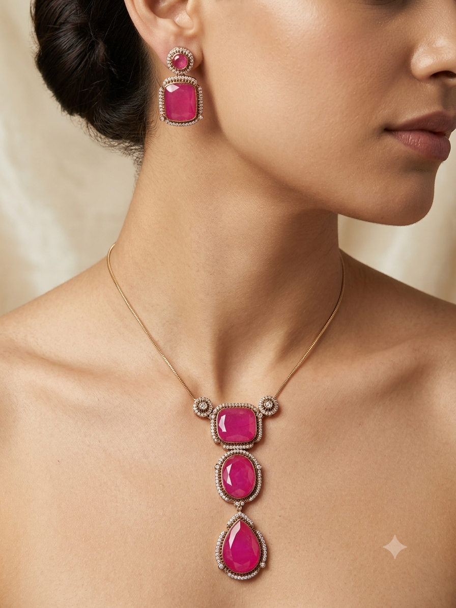 Gold Finish Hot Pink Kundan Polki Chain Pendant Necklace Set
