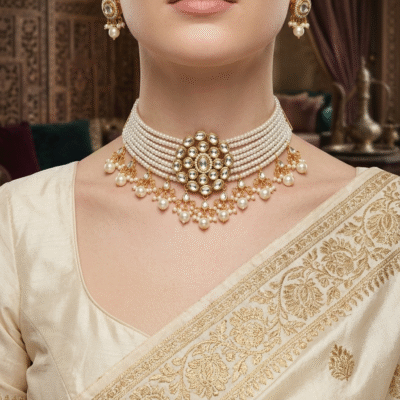 White Pearl Choker Necklace with Traditional Kundan Centerpiece