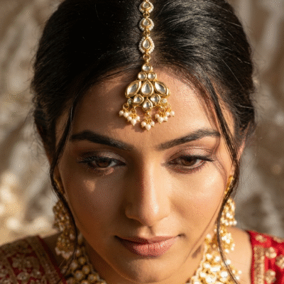 Gold Plated Kundan With White Pearl Maangtika