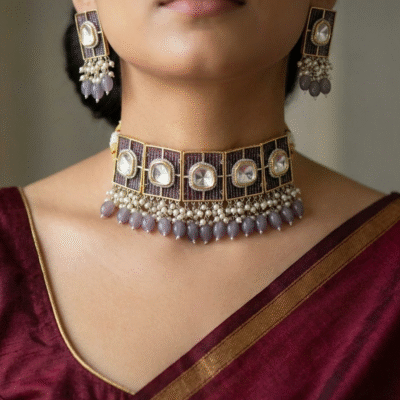 Polki Grey Beaded Choker Necklace Set