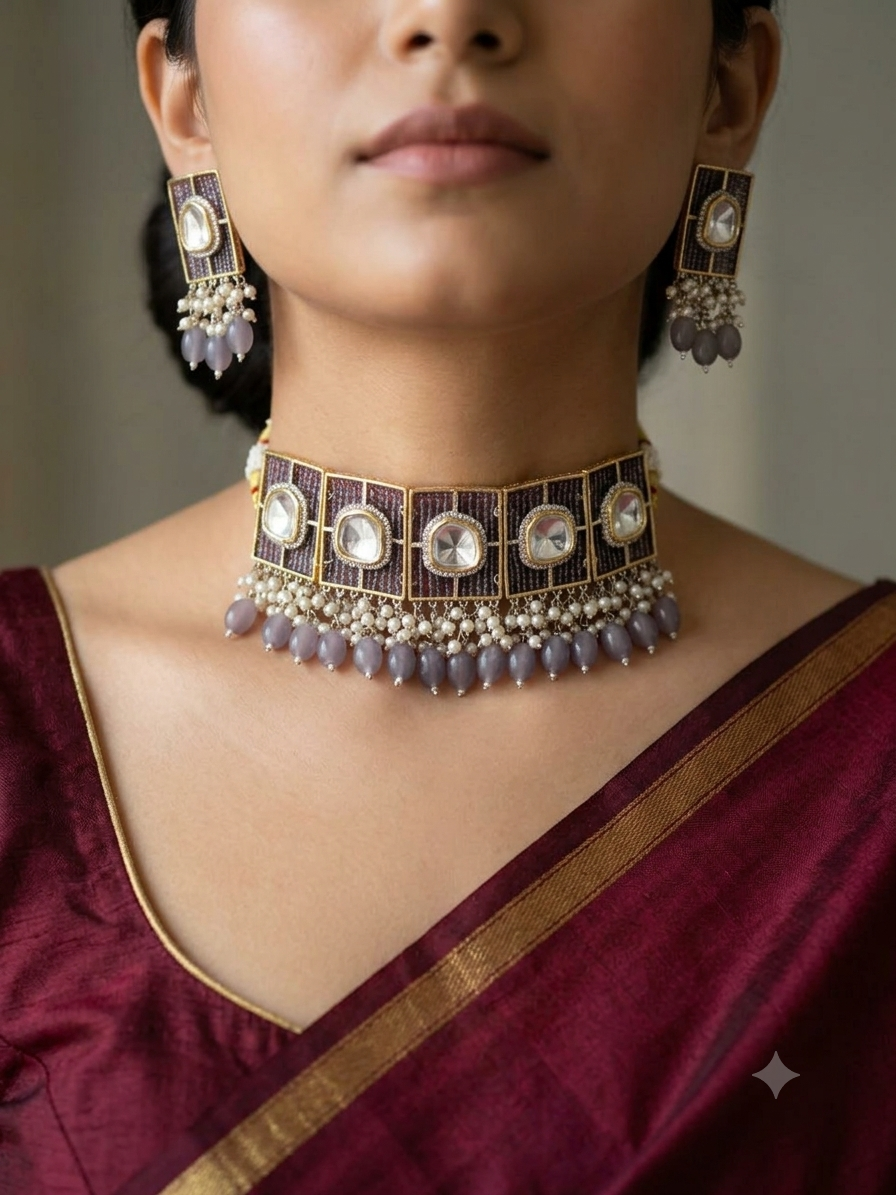 Polki Grey Beaded Choker Necklace Set