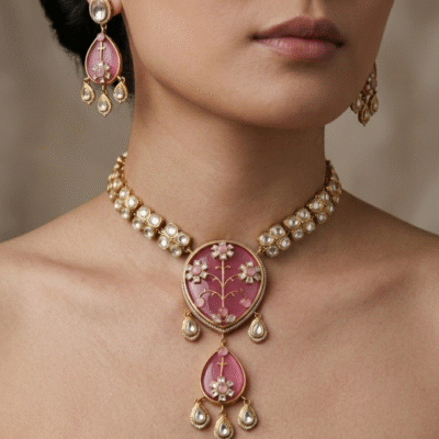 Kundan Pink Floral Pendant Necklace Set