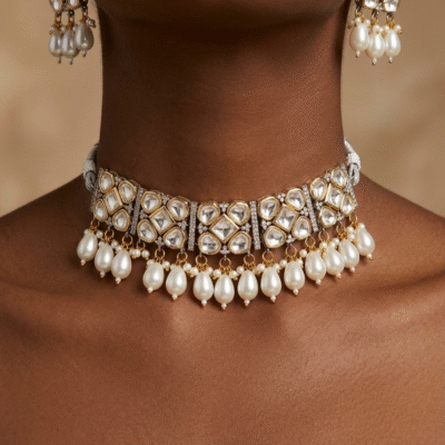 White Kundan Pearl Choker Necklace Set