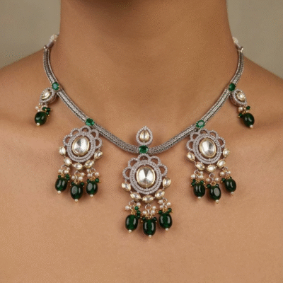 Victorian Kundan Green Beaded Necklace Set