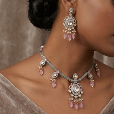 Victorian Kundan Pink Beaded Necklace Set