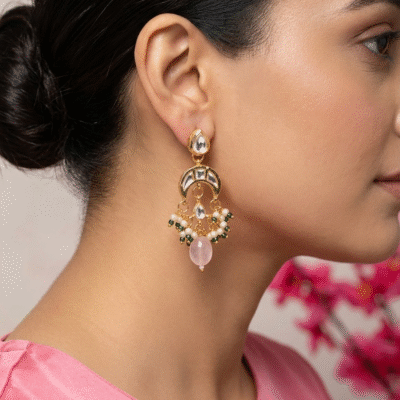 Moon Kundan Earrings with Pink Quartz & Pearl Accents