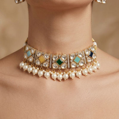 Multicolor Kundan Pearl Choker Necklace Set