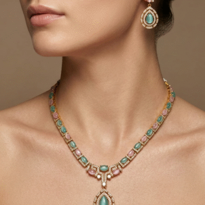 Teardrop Necklace Set Antique Gold Pink Stone Bridal Jewelry with Earrings