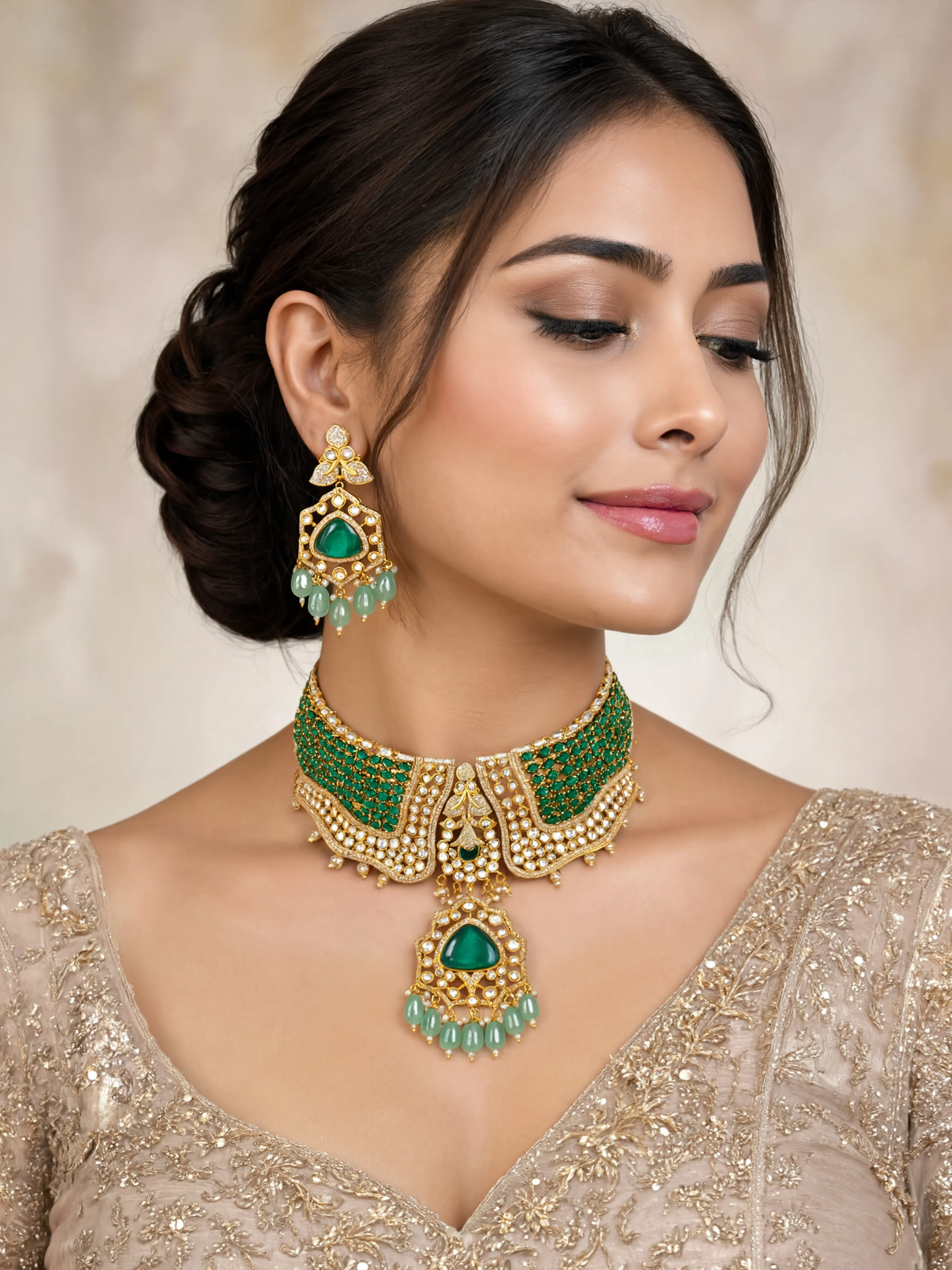 Polki Aquamarine Bridal Choker Set