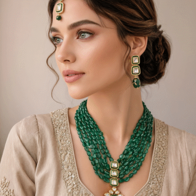 Emerald Green Kundan Layered Necklace Set