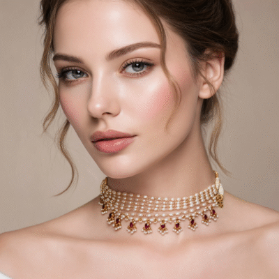 Elegant Multi-Strand Pearl Choker with Red Stone Dangler Charms