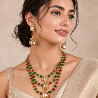 Kundan Ruby Emerald Multi-Layer Bridal Necklace Set
