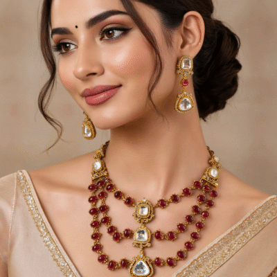 Kundan Ruby Red Multi-Layer Bridal Necklace Set