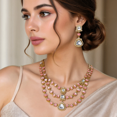 Kundan Pink Multi-Layer Bridal Necklace Set
