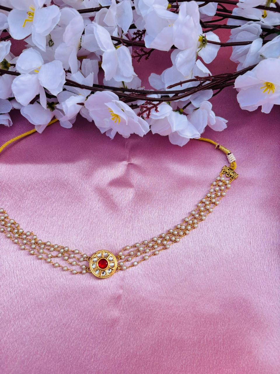 Multi-Layer Pearl Choker Necklace with Kundan Stone Pendant - Image 2