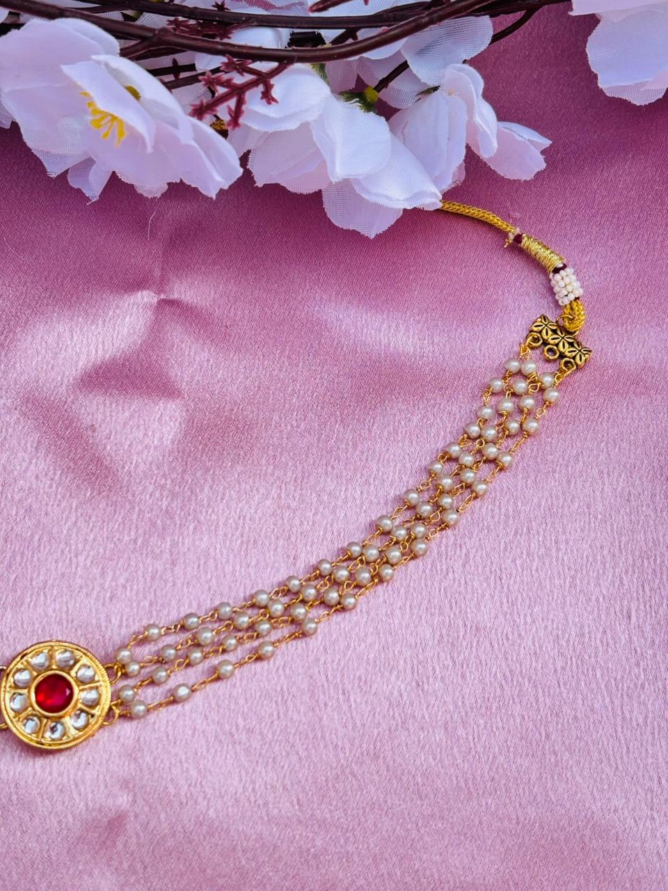Multi-Layer Pearl Choker Necklace with Kundan Stone Pendant - Image 4