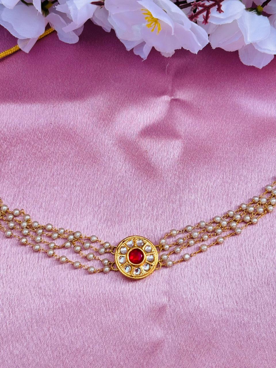 Multi-Layer Pearl Choker Necklace with Kundan Stone Pendant - Image 3
