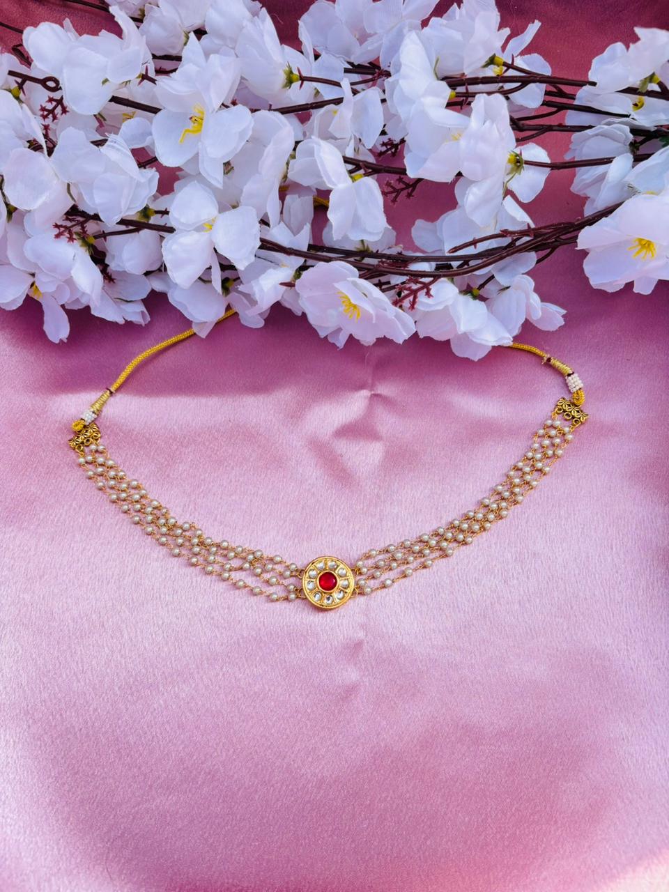 Multi-Layer Pearl Choker Necklace with Kundan Stone Pendant