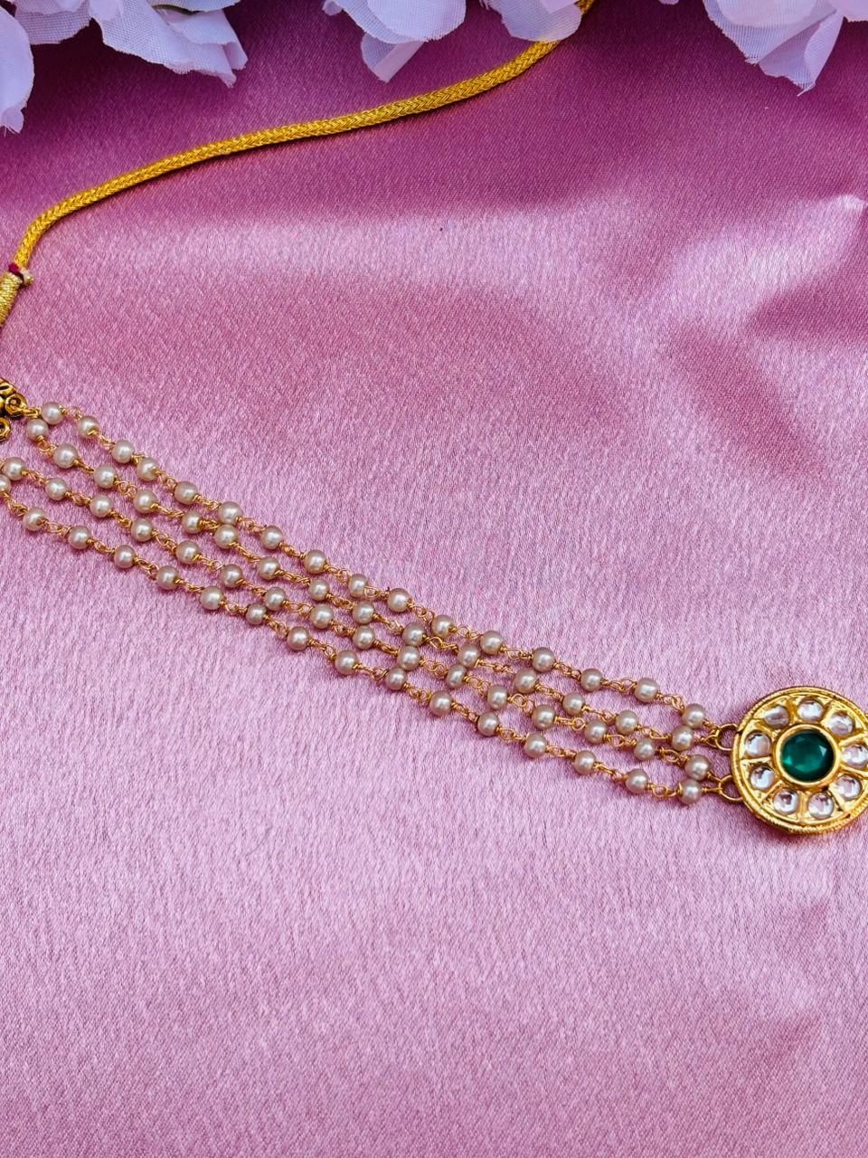 Multi-Layer Pearl Choker Necklace with Kundan Stone Pendant - Image 3