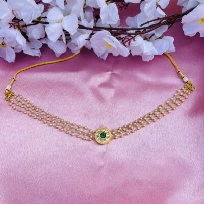 Multi-Layer Pearl Choker Necklace with Kundan Stone Pendant