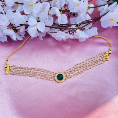 Multi-Layer Pearl Choker Necklace with Kundan Stone Pendant