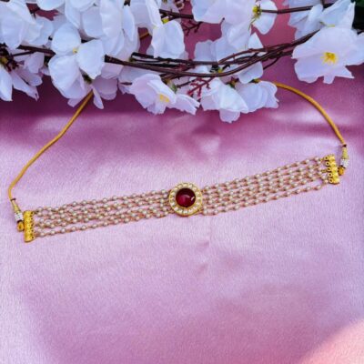 Multi-Layer Pearl Choker Necklace with Kundan Stone Pendant