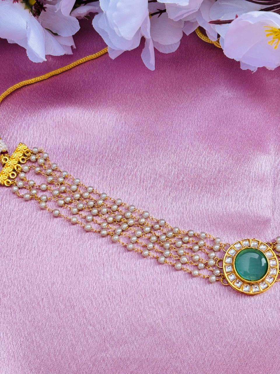 Multi-Layer Pearl Choker Necklace with Kundan Stone Pendant - Image 4