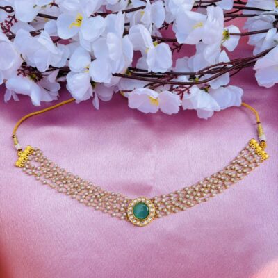 Multi-Layer Pearl Choker Necklace with Kundan Stone Pendant