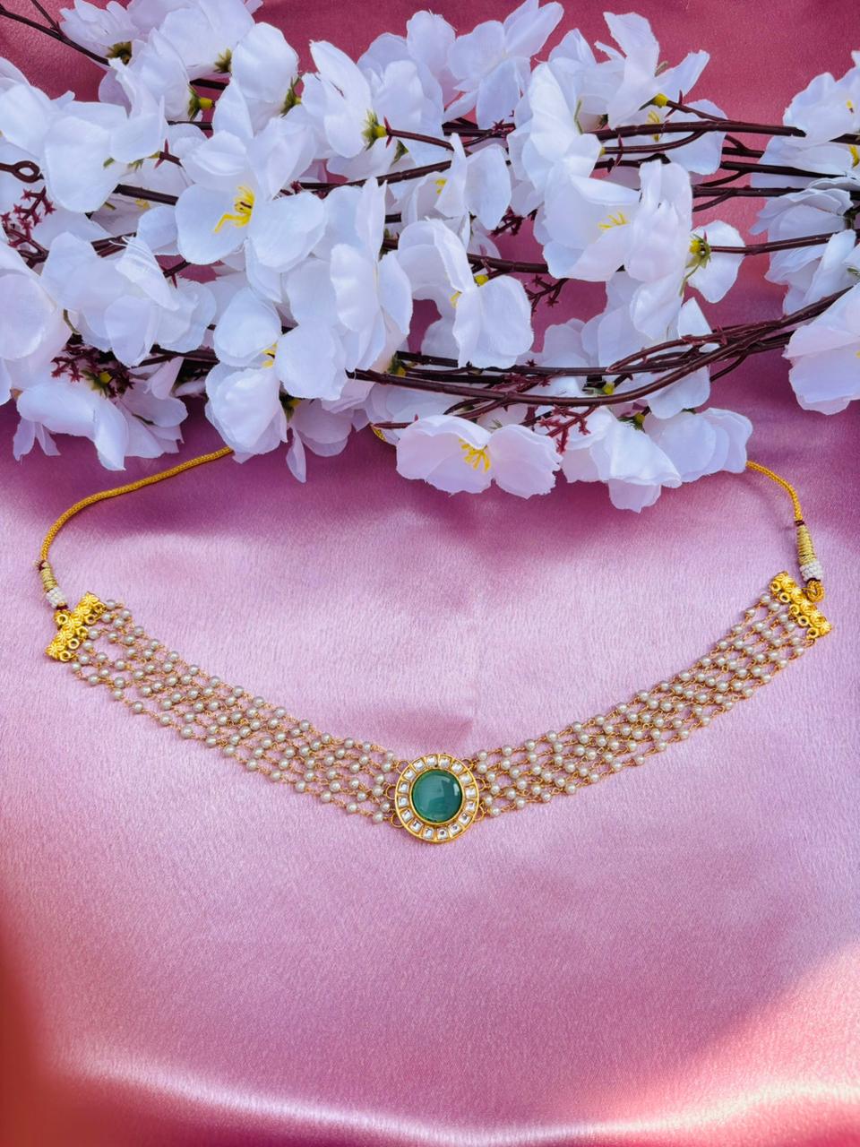 Multi-Layer Pearl Choker Necklace with Kundan Stone Pendant