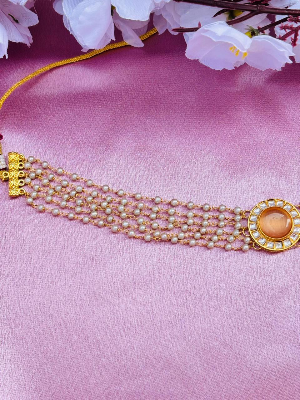 Multi-Layer Pearl Choker Necklace with Kundan Stone Pendant - Image 4