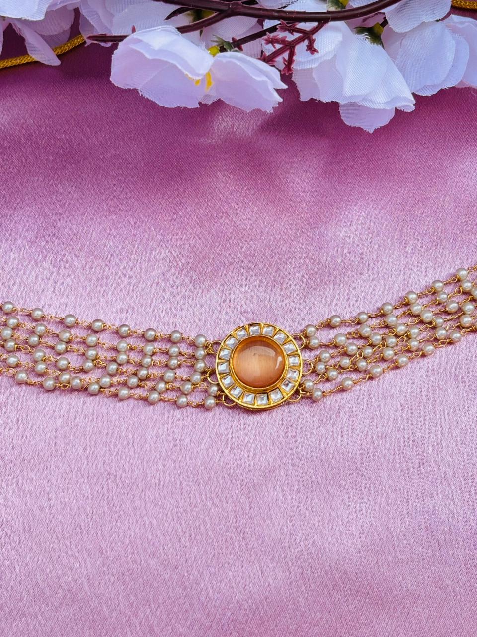 Multi-Layer Pearl Choker Necklace with Kundan Stone Pendant - Image 3