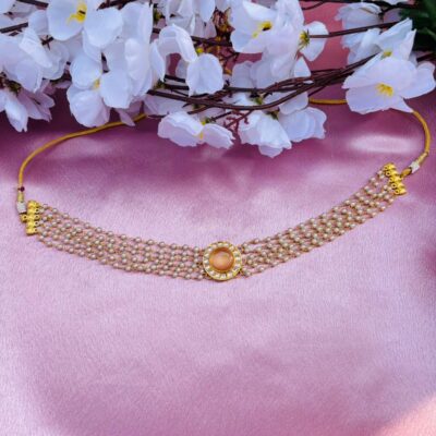 Multi-Layer Pearl Choker Necklace with Kundan Stone Pendant