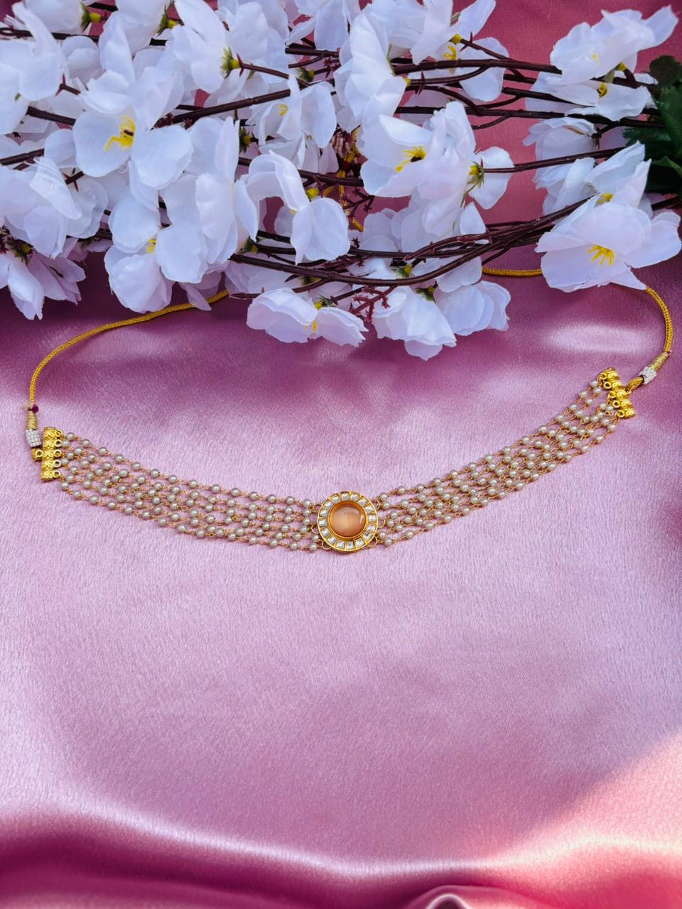 Multi-Layer Pearl Choker Necklace with Kundan Stone Pendant