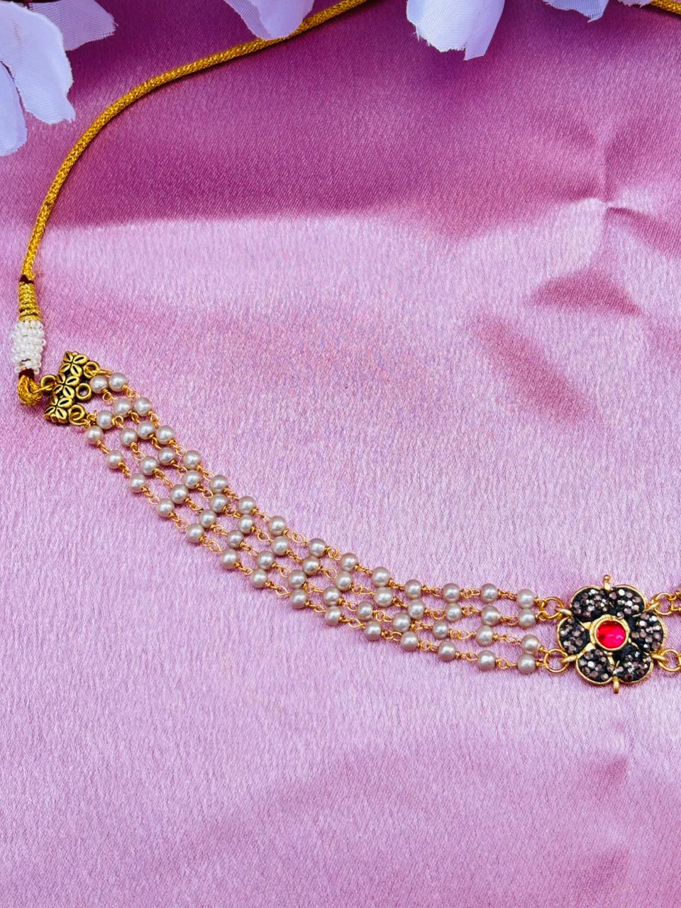 Multi-Layer Pearl Choker Necklace with Kundan Stone Pendant - Image 3