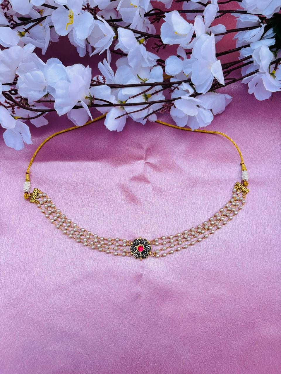 Multi-Layer Pearl Choker Necklace with Kundan Stone Pendant