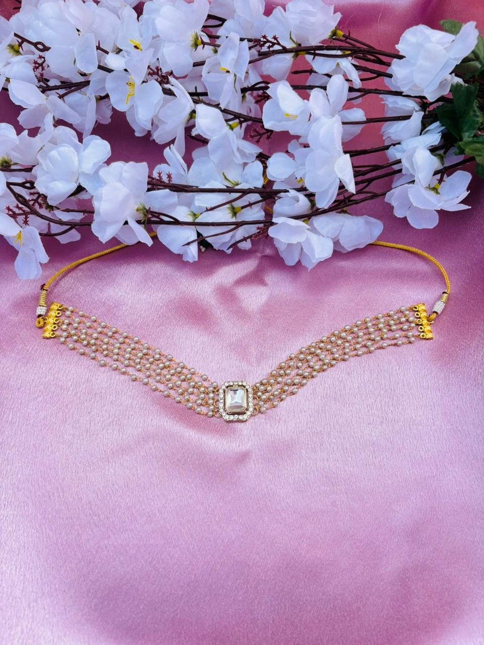 Multi-Layer Pearl Choker Necklace with Kundan Stone Pendant
