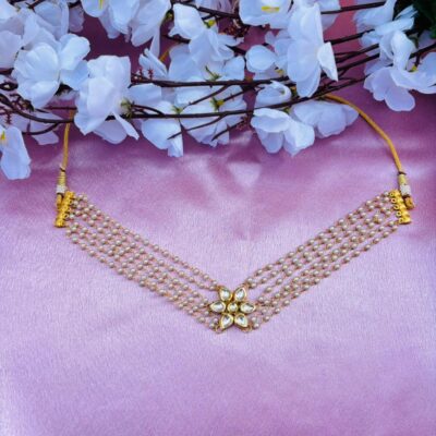 Multi-Layer Pearl Choker Necklace with Kundan Stone Pendant