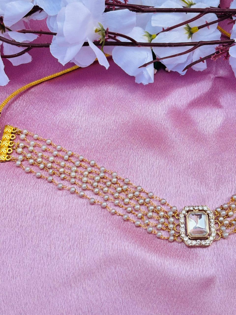 Multi-Layer Pearl Choker Necklace with Kundan Stone Pendant - Image 2
